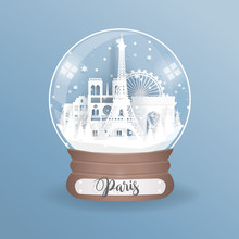 Paper Cut Style Of World Famous Landmark Of Paris, France In A Globe, Glass Ball. Vector Illustration.