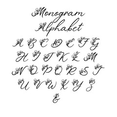 Wall Mural - Vector Calligraphy Alphabet. Exclusive Floral Letters. Decorative handwritten brush font for: Wedding Monogram, Logo, Invitation. Wedding floral font isolated on white background