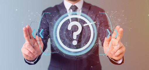 Poster - Man holding a Technology question mark icon on a circle 3d rendering