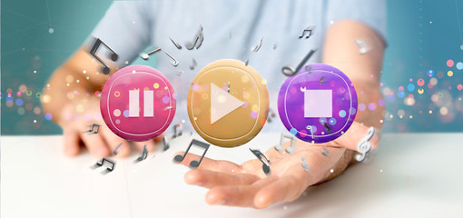 Poster - Man holding a Music button and notes playing  3d rendering