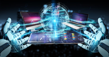 Poster - modern devices connected in robot hand 3d rendering