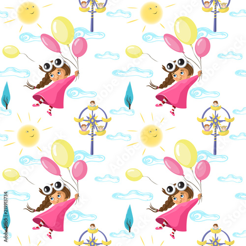 Seamless Pattern With Funny Little Girl Flying With A Balloons In Seamless Pattern With Funny Little Girl Flying With A Balloons In