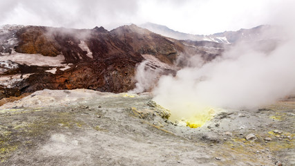 Canvas Print - Steaming, sulfuric, active fumaroles near volcano Mutnovsky, Kamchatka Peninsula, Russia