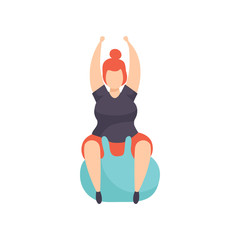 Sticker - Fat girl exercising on a fitbal, obesity woman wearing sports uniform doing fitness exercise, weight loss program concept vector Illustration on a white background