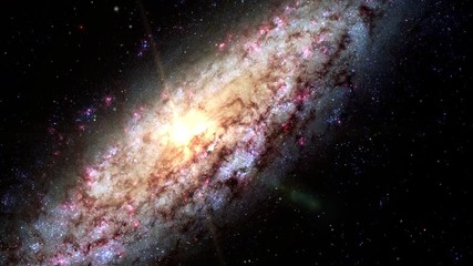 Wall Mural - Spiral lost in space galaxy ngc 6503 zoom in outer space stars field and flare light, 3D animation. Contains public domain image by NASA
