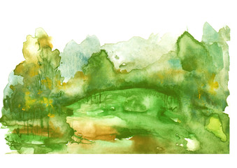 watercolor autumn, summer green wood. green silhouette, landscape, trees and bushes, spruce on a hil