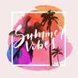 Summer Vibes. Calligraphic inspirational quote poster on tropical summer beach background with coconut trees