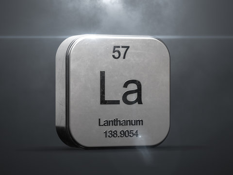 Lanthanum element from the periodic table. Metallic icon 3D rendered with nice lens flare