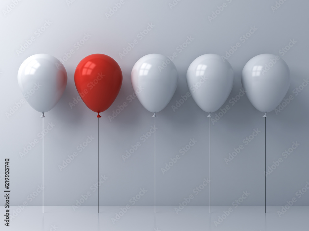 Stand out from the crowd and different idea concepts One red balloon among other white balloons on white wall background with reflections and shadows 3D rendering - obrazy, fototapety, plakaty 