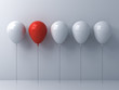 Stand out from the crowd and different idea concepts One red balloon among other white balloons on white wall background with reflections and shadows 3D rendering