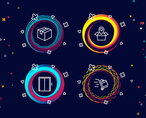 Poster - Set of Parcel, Package location and Lift icons. Push cart sign. Shipping box, Delivery tracking, Elevator. Express delivery.  Circle banners with line icons. Gradient colors shapes. Vector