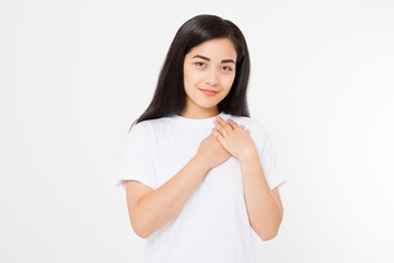 Wall Mural - Young asian woman touching healthy heart isolated on white background. Feelings and love concept. Valentine day. Copy space