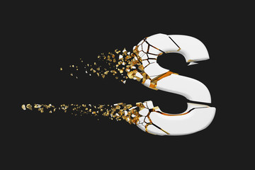 Aufkleber - Broken shattered alphabet letter S uppercase. Crushed white and gold font. 3D render isolated on grey background.
