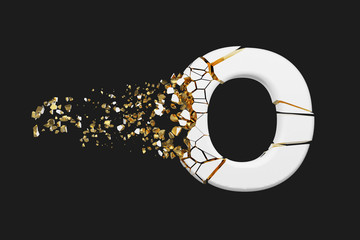 Broken shattered alphabet letter O uppercase. Crushed white and gold font. 3D render isolated on grey background.