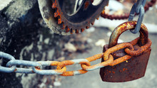 Old Padlock With An Iron Chain At A Fence, Waste, Impound, Rust