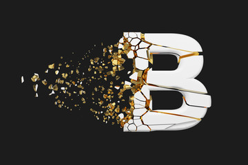 Aufkleber - Broken shattered alphabet letter B uppercase. Crushed white and gold font. 3D render isolated on grey background.