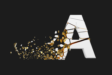 Aufkleber - Broken shattered alphabet letter A uppercase. Crushed white and gold font. 3D render isolated on grey background.