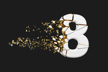 Aufkleber - Broken shattered alphabet number 8. Crushed white and gold font. 3D render isolated on grey background.