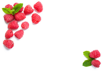 Delicious ripe raspberries with mint on white background