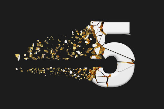 Broken shattered alphabet number 5. Crushed white and gold font. 3D render isolated on grey background.