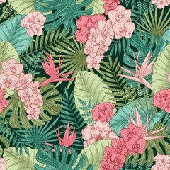 Naklejka na meble Exotic flowers and leaves seamless pattern. Tropical style. Vector illustration
