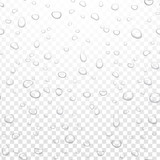 Fototapeta Łazienka - Realistic vector water rain drops on alpha transparent background. Condensed pure droplets. Vector clear water bubbles on window glass.