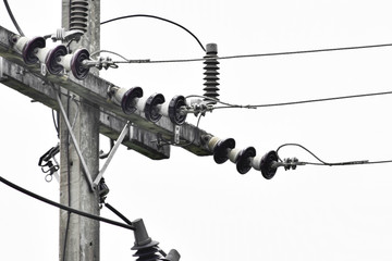 electricity pole and cable line isolated on white background