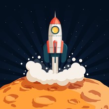 Rocket Takes Off From The Surface Of The Moon Or Another Planet. Colored Illustration In Cartoon Style.