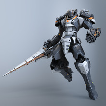 Robot Warrior With A Large Lance In One Hand. A Science-fiction Mech In A Jumping Pose. Futuristic Robot With White And Gray Color Metal. Mech Battle. Orange Paint. 3D Rendering On A Gray Background.