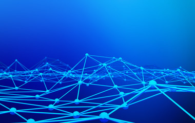 Poster - digital data and network connection triangle lines and spheres in technology concept on blue backgro