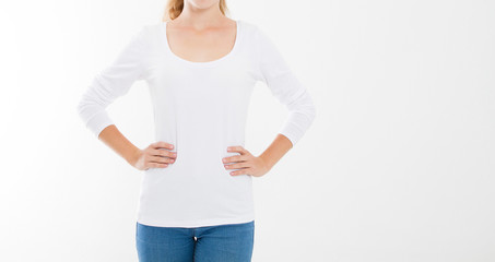 young caucasian, europian woman, girl in blank white t-shirt. t shirt design and people concept. Shirts front view isolated on white background. Mock up. Copy space.