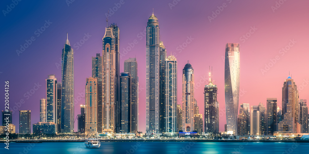 Dubai Marina bay view from Palm Jumeirah, UAE - obrazy, fototapety, plakaty 