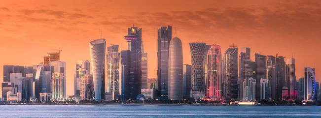 Canvas Print - The skyline of West Bay and Doha downtown, Qatar