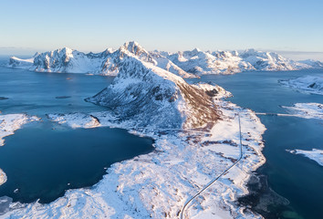 Wall Mural - aerial view on the mountains and sea bay on the lofoten islands, norway. natural background in the n