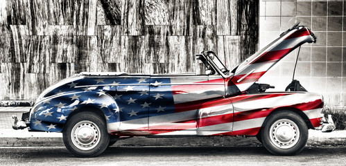 old american car painted with the united states flag parked in havana