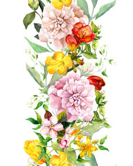 Wall Mural - Meadow flowers, wild grasses and leaves. Repeating summer border. Floral watercolor