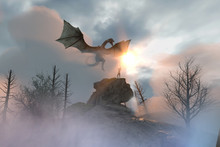 3D Illustration Of A Knight Fighting Dragon, Dragon Versus Man
