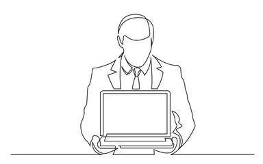 Poster - continuous line drawing of standing man in suit showing-laptop computer