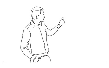 Poster - continuous line drawing of standing man presenter pointing at screen