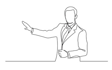Poster - continuous line drawing of standing businessman showing with his hand
