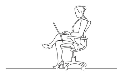 Sticker - continuous line drawing of office worker sitting working on laptop computer