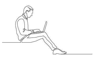 Poster - continuous line drawing of office worker sitting working on laptop computer