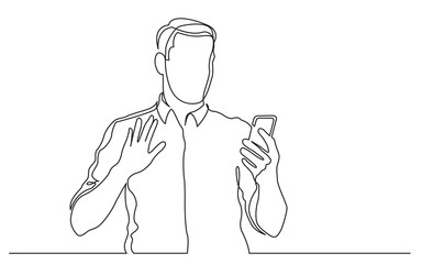 Poster - continuous line drawing of standing man waving to his mobile phone