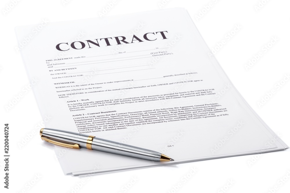 Ballpoint pen on top of a contract - obrazy, fototapety, plakaty 