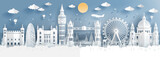 Fototapeta Fototapeta Londyn - Panorama of top world famous landmark of London, England for travel poster and postcard, in paper cut style vector illustration.