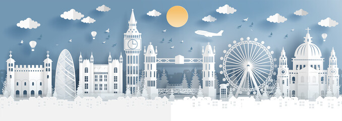 Fototapete - Panorama of top world famous landmark of London, England for travel poster and postcard, in paper cut style vector illustration.