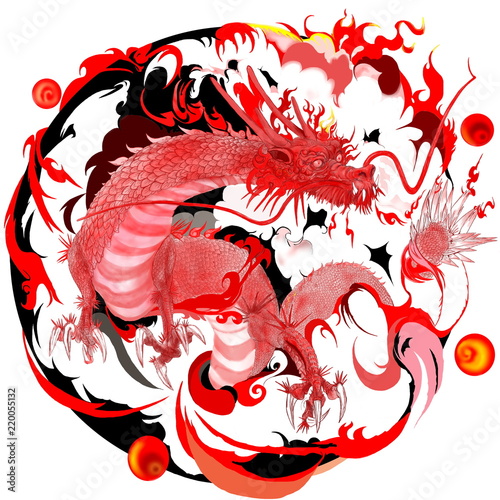 赤龍 せきりゅう チーロン 中国やアジアの神話に見られる神獣 五行思想では赤は南を表すことから朱雀と同様南を守護するものとする説もある 全身の鱗は真っ赤である 紅龍 とも呼ばれる 壁画や墨絵を参考に描いたイラスト Stock Illustration Adobe Stock