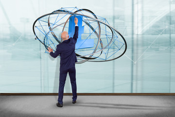 Poster - Businessman in front of a wall with a Litecoin crypto currency sign flying around a network connection - 3d render