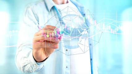 Poster - businessman holding a 3d render stock exchange trading data information display on a futuristic inte