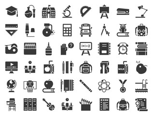 school and education related icon set, glyph design such as school bus, sharpener, chalkboard, owl, stack of books, staple, swimming pool, experiment